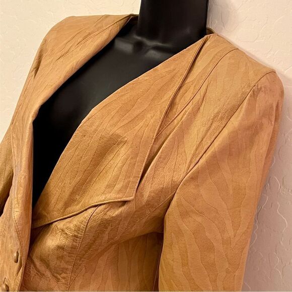 80s Leather zebra Print Tan Camel Embossed Blazer Midi Pencil Skirt Suit Set 10 - Picture 3 of 16